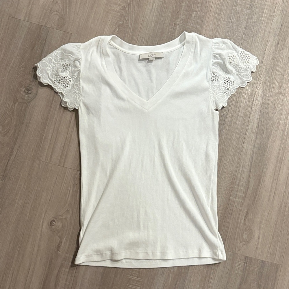 LOFT White V-Neck Top with Lace Sleeves